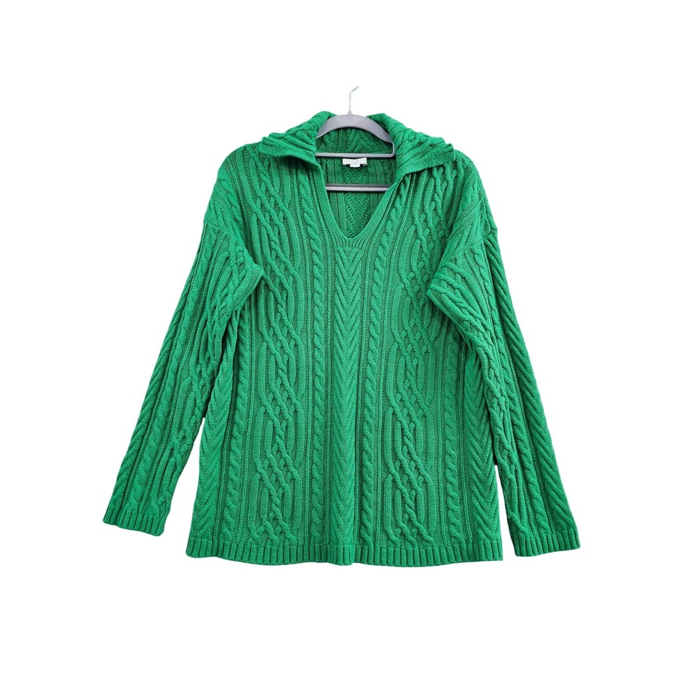 J.Jill Cable Knit Sweater Womens Small Green Solid V-Neck Collared Long Sleeve